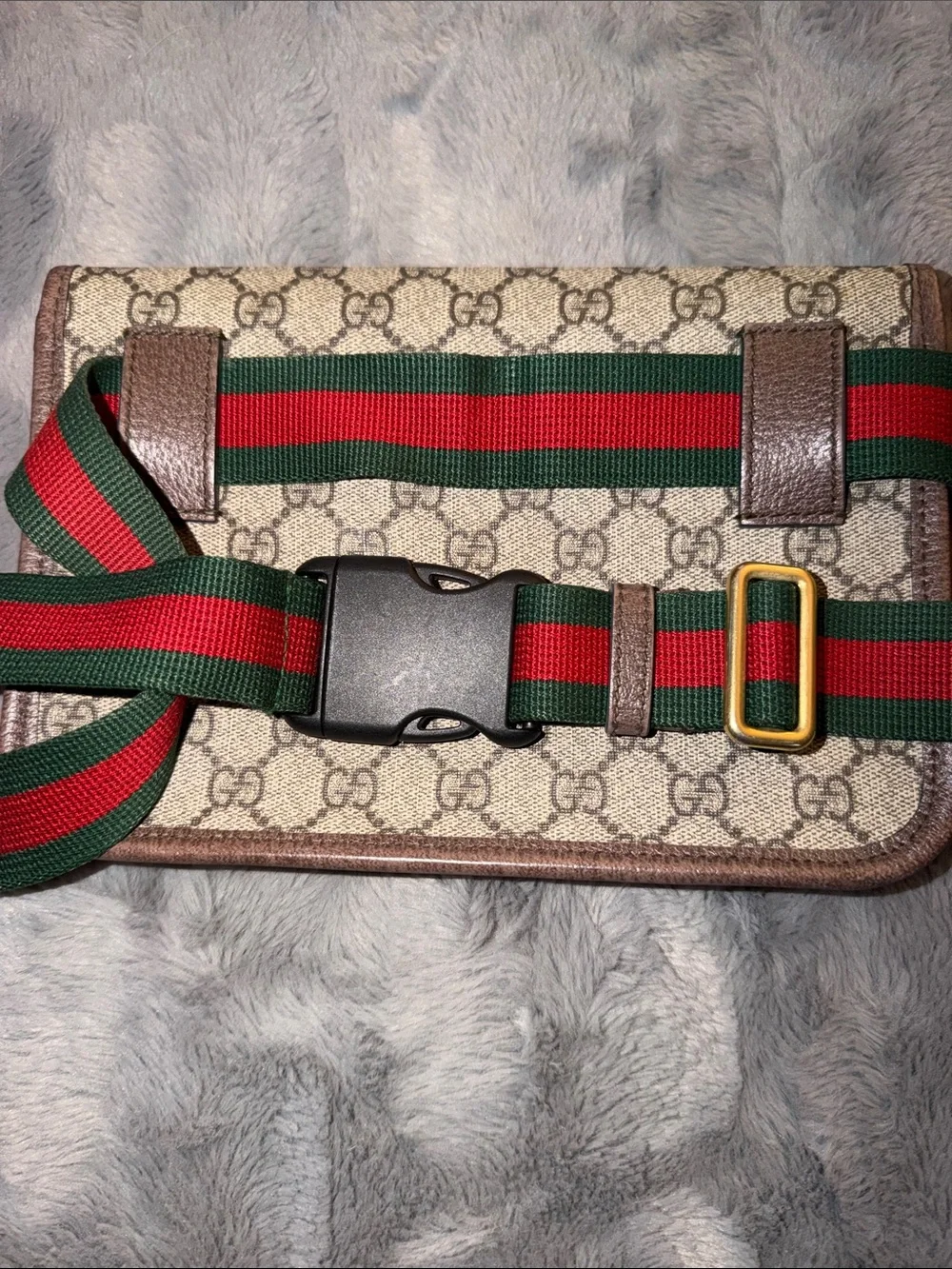 Preloved Gucci Brown GG Canvas Belt Bag with Green-Red Web Strap with Dust bag